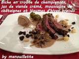 Biche en croûte de champignons, jus de viande crémé, mousseline de châtaigne et légumes d'hiver braisés