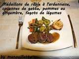 Médaillons de râble de lièvre à l'ardennaise, couennes de gatte, pommes au gingembre et fagots de légumes