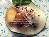 Toast de radis noir, creamcheese au sésame et oeuf de caille mariné