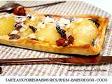 Tarte aux poires/raisins secs au rhum et baies de goji + amande/coco