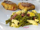 Galettes de poisson et sa garniture de haricots verts-lardons-oeufs