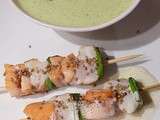 Brochettes de la mer, espuma au wasabi & sa mousse de courgettes