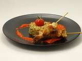 Brochettes de volaille, cereales & courgettes & coulis de piquillos