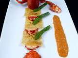 Homard en millefeuille de brick pimentee, sauce americaine & asperges vertes