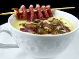 Veloute d'amandine, poelee de cepes et canard fume