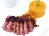 Magret de canard, purée de patate douce et jus à l’échalote et à la moutarde violette de Brive