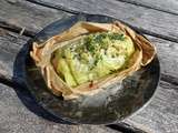 Papillote de saumon aux spaghettis de courgette et ravioles du Dauphiné