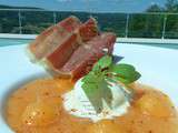 Soupe de melon, glace mozzarella basilic et chips ondulée de jambon cru