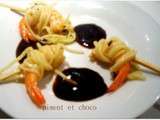 Crevettes en cage de spaghettis au caramel balsamique