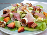 Salade verte, avocat, nectarine, halloumi et jambon Speck