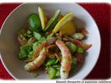 Salade de feves, truite fumee et crevettes