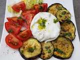 Aubergine, courgettes grillees, tomates cocktail et burrata au basilic a l'huile