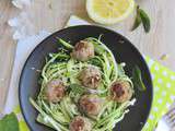 Boulettes de porc menthe/noisette et ses tagliatelles de courgette et d'asperge