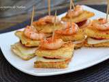 Petits croques au manchego et chorizo, crevettes au paprika fumé