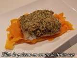 Filet de poisson en croute de fruits secs sur son lit de carottes