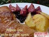 Pintade rustique, pomme de terre au four, pêches de vigne, sureau