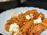 Orzo aux crevettes, tomate et feta marinée. Orzo with Shrimp, Tomato, and Marinated Feta