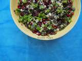 Salade tiède de lentilles, fromage de chèvre, grenade et graines de courges