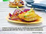 Fines coquilles au confit d'oignons rouges, graines germées et perles de yuzu