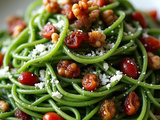 Spaghettis aux orties, noix de Grenoble et tomates séchées