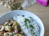 Poulet au caramel et noix de cajou, riz basmati à la cardamome