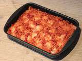 Gratin de coquillettes au vin rouge, tomate, allumettes de jambon, mozza