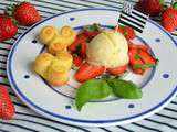 Fraises de Plougastel au basilic, glace à l’huile d’olive et financiers au citron