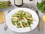 Pasta primavera {asperges, petits pois, pois gourmands et parmesan}