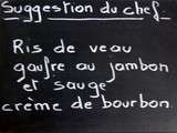 Ris de veau, crème de Bourbon, gaufres à la sauge et au jambon