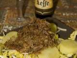 Effeuillée de canard confit et barbe de capucins en salade tiède, vinaigre de Leffe brune