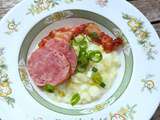 Risotto aux poireaux, saucisse de Morteau et poitrine de porc