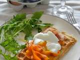 Gaufre de pain perdu, tagliatelles de carotte et oeuf poché