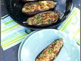 Aubergines farcies, tomate, fromage de chèvre, millet