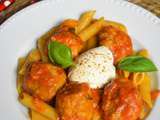 Boulettes sauce tomate basilic, penne, burrata