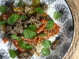 Bowl de boeuf et légumes sautés, avec riz, sésame et coriandre